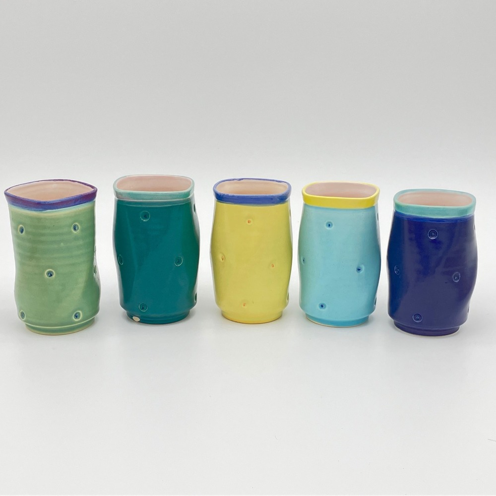 Studio Pottery Dimple Tumblers Set of 5 Handcrafted Colorful Ceramic Cups BM